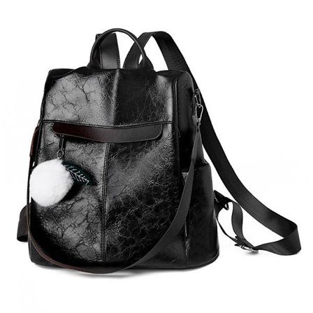 Kvinders rygsæk (sort, med pelsekugledekorationer), PU Kvinders