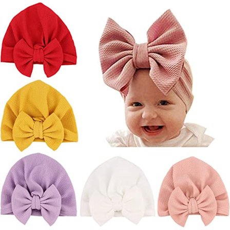 5 stk baby turban sett (rosa, rosa, lilla, gul, rød) fødsel lue sløyfe