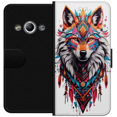 Yhteensopiva Lompakkokotelo Samsung Galaxy Xcover 3 Heimo Wolf Spirit geometrisilla kuvioilla ja höyhenillä