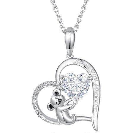 Enhörningshalsband Evig Kärlek Hjärta Tass Katt Sengångare Koala Halsband för Kvinnor Flicka Silverpläterat med Färgglatt CZ Hjärthänge