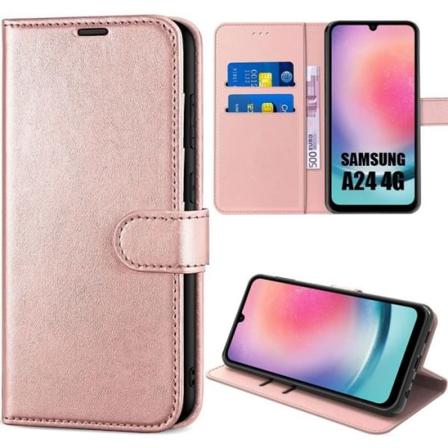 Full Body Case til Samsung Galaxy A24 med PU læder bordstativ - Pink Rosa