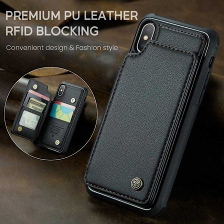 CaseMe iskunkestävä kansi korttitelineen jalusta 4-lokeroinen iPhone X / XS musta