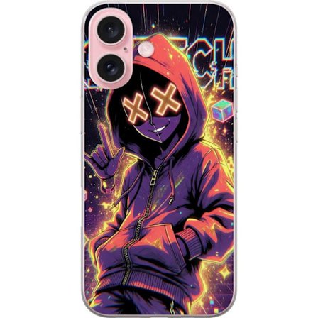 Yhteensopiva Puhelinkuori Apple Apple iPhone 16 Cyberpunk-tyylinen hupparihahmo neon-väreillä, glitch-efekteillä ja naamalla, futuristinen digitaal