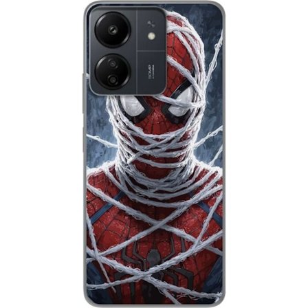 Xiaomi Redmi 13C Genomskinligt Skal Spider-Man täckt av täta nätlager i dramatisk närbild som framhäver maskens struktur och intensitet i en mör