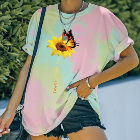 Dam Sunflower Butterfly Print Tunika Blus Crew Neck Tee