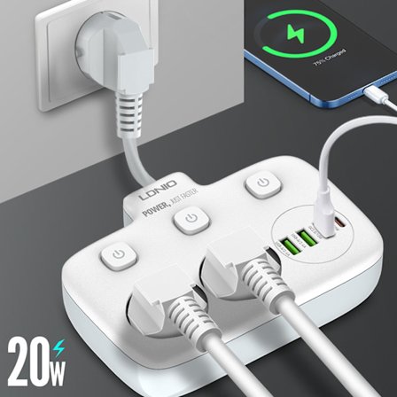 Vægstrømsliste med stikkontakt, 10a+4 USB-udgange, med overbelastningsbeskyttelse