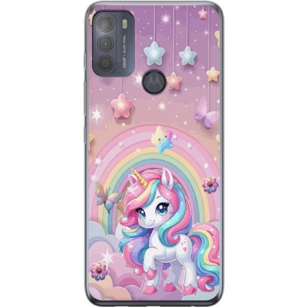 Kompatibel Mobilcover til Motorola Moto G50 Magisk enhjørning med regnbue manke, stjerner og sommerfugle mod en pastelfarvet himmel med skyer