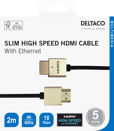 Deltaco Ultra-thin HDMI cable, 4K UHD, 2m, black/gold