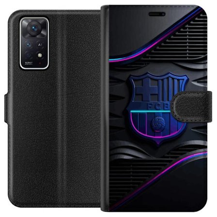 Kompatibel Tegnebogsetui til Xiaomi Redmi Note 11 Pro 5G FC Barcelonas klubemblem i neonblåt og rosa med futuristisk metallisk design