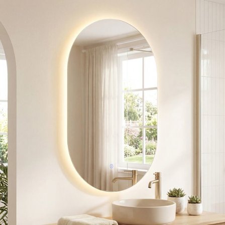 COSTWAY LED Spejl Badeværelse Oval 90 x 55 cm med 3 Lysfarver, Anti-Dug Funktion til Badeværelse, Værelse