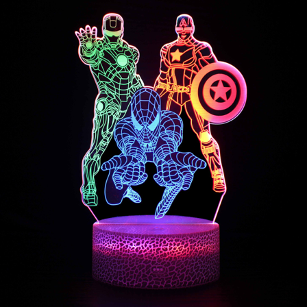Spiderman nattlampe for barn, 3D-illusjon, berøringskontroll, dynamiske farger, endring med 3 mønstre, barneleker Captain America Iron Man gaver til 