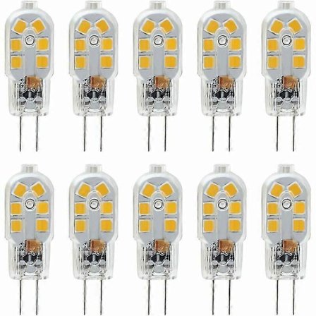 12V G4 LED-lamppu, 1W vastaa 10W halogeenilamppua, 200LM välkkymätön, 3000K lämmin valkoinen, 360 asteen valokeila, ei himmennettävä, 10 kpl