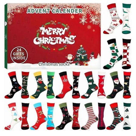 24 Par Festlige Sokker Nedtællingskalender 2025, Julemandssokker til Voksne, Ideel til Vinterfestligheder & Hyggelige Morgener