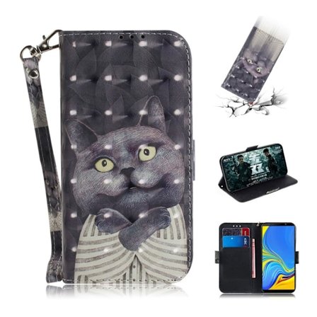 Samsung Galaxy A7 (2018) timantti täplä koristeltu kuviollinen lompakko suojakotelo mobiilinarulla - Harmaa Kissa
