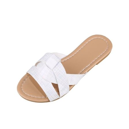 Dam sommar platta slides sandaler casual rem kors slip på sliders strand platta sandaler för kvinnor ---- Vit(Storlek 39)