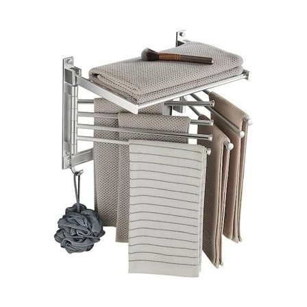 Svingbar veggmontert håndkletørke i aluminium - Bevegelige kroker og 90° hylle - Ingen boring - Plassbesparende vaskerom og bad (60 cm 7 stenger hvit)