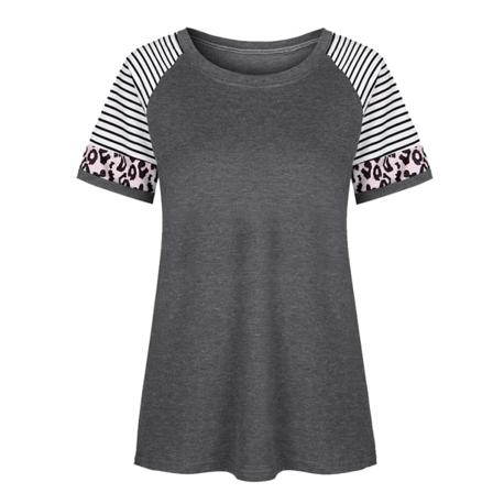 Dam T-shirt Randigt Print Kortärmad Blus Med Rund Hals,