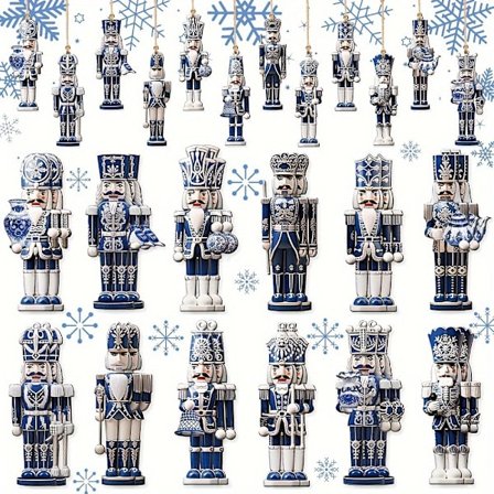 36 Stykker Julepynt i Tre - Blå Nøtteknekkerdekor til Henging på Tre og Julehåndverk