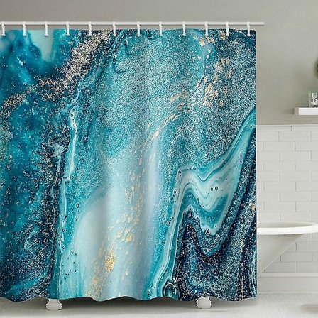 Blåt Grønt Tekstureret Bruseforhæng, Vandtæt Bruseforhæng i Badeværelsesstof med 12 Plastikkroge