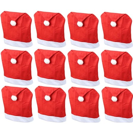 Set med 12 julstolsöverdrag I röd I tomteluva I stolsöverdrag