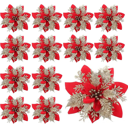 12 stykker 5,5 tommers juleblomster, jul, kunstige blomster, juleblomsterhoder, juletrepynt, juledekor gold,red