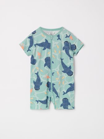 Polarn O. Pyret - Short-sleeved sleepsuit with whale print - 74|80 - Childrenswear - turquoise