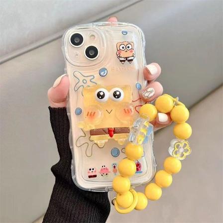 Kompatibelt sødt etui til iPhone, Kawaii med stativ og vedhæng Telefonetui, Tegneserie Gennemsigtig blød TPU Telefonbeskyttelse Spongebob iPhone 13 