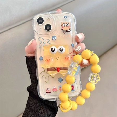 Kompatibel Sød Etui Til iPhone Kawaii Med Stativ Og Vedhæng Telefon Etui Tegneserie Transparent Blød TPU Telefon Cover Spongebob