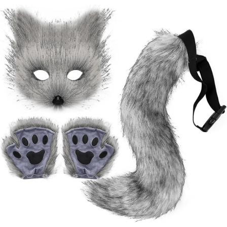 Kunstig pelsrevhale katt ulv cosplay kostymesett plysjmaske fluffy potehansker Halloween jul Dark Gray