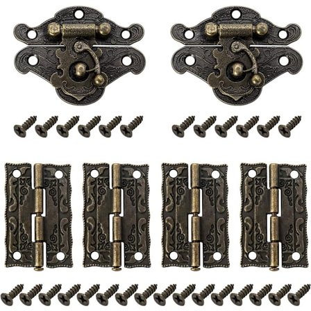 Møbellåser, sett med 2 vintage antikke låser, dekorative bokslåser med 4 hengsler og 28 skruer for dekorative skap, skap, bokser