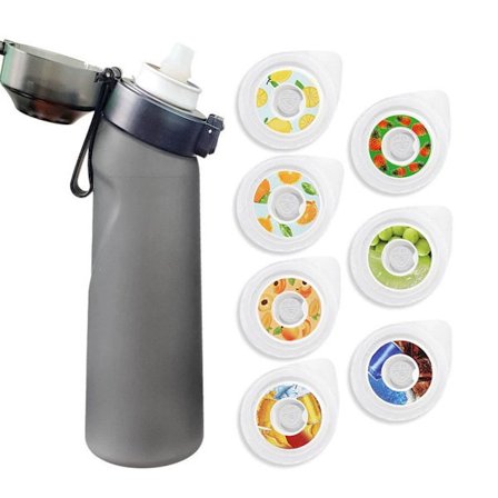 Vandflaske - Smagstilsat Vandflaske Luft Starter Sæt - 750ml, 7 Smagsvarianter - Vandflaske - Med Sugerør - BPA-Fri - Hydrerende (Frosty Black)