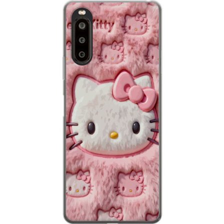 Yhteensopiva Puhelinkuori Sony Xperia 10 II Hello Kitty vaaleanpunainen pörröinen tausta, jossa on ikoninen kasvot ja kawaii-esteettisyys
