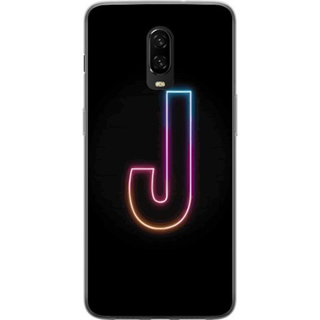 Kompatibel Mobilcover til OnePlus OnePlus 6T Minimalistisk neonbogstav J i farveskiftende lys mod sort baggrund