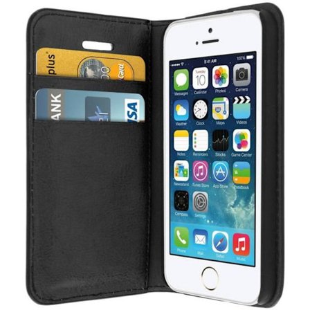 iPhone 5/5S/SE Fodral - Äkta läder - Svart - Stöd funktion - Fack för kort - Hård skal