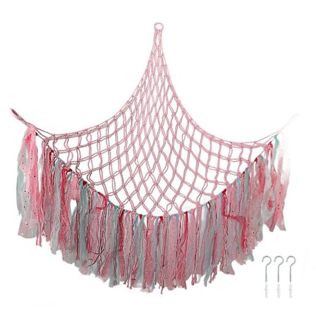 Farverig plyslegetøj net Boho håndvævet net arrangør hjørne hængende opbevaringsnet til soveværelse sovesal