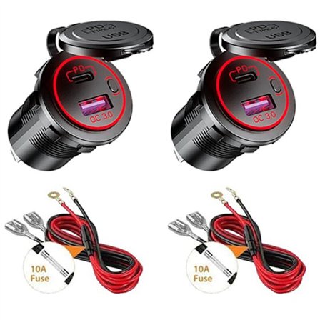 2X USB PD Type C & QC 3.0 Biloplader til Bil 12V Stikkontakt med ON/OFF Afbryder til Motorcykel RV ATV, Rød