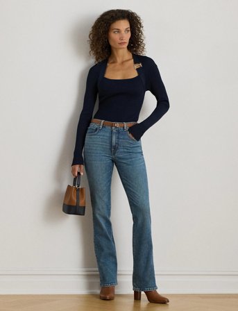 Lauren Ralph Lauren Buckle-Trim Rib-Knit Sweater - Navy - S