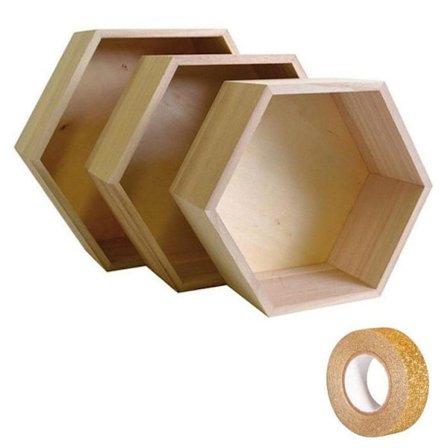 3 sekskantede hylder i træ + 5 m gyldent glimmermaskeringstape