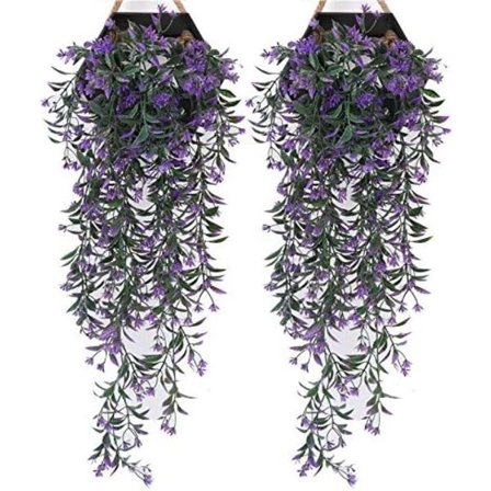 2 stk. kunstige hængeplanter - Lilla kunstige vægplanter, kunstig efeu til væg, hjem, veranda, have, bryllupsguirlande, udendørs hængende dekoration