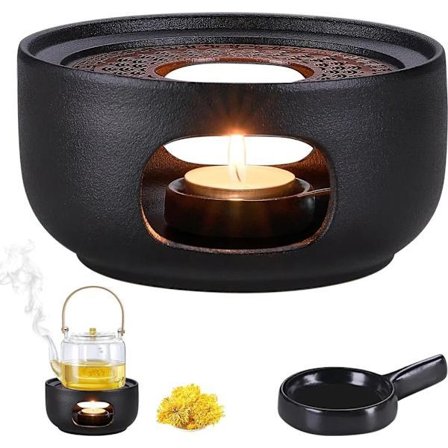 Keramisk tekannevarmer med telysholder, tekannevarmer i porselen, kaffivarmer, tevarmer for te - Svart (uten lys)