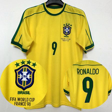 VM 1998 Brasilien Hemma Kortärmad Retro Tröja 1998 Nr 9 Ronaldo Jr. Rivaldo M M M