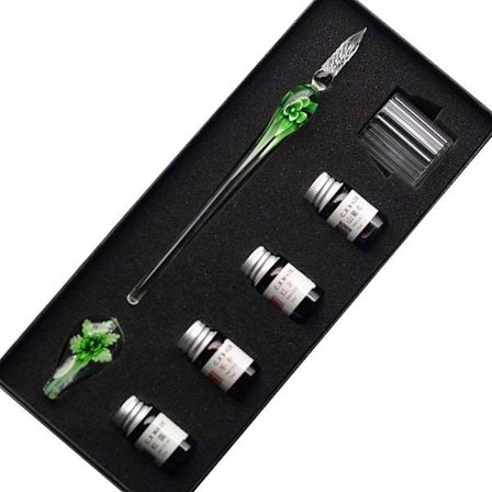 Kristallilasi-intarsia-kynä, vintage-kalligrafia-allekirjoituskynä, 4 värillä mustetta, kynäteline, puhdistuskuppi