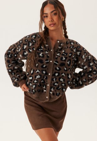 BUBBLEROOM Fluffy Knitted Pearl Cardigan Leopard XS