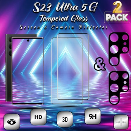 2-Pack SAMSUNG S23 ULTRA Skærmbeskyttelse & 2-Pack linsebeskyttelse - Hærdet Glas 9H - Super kvalitet 3D