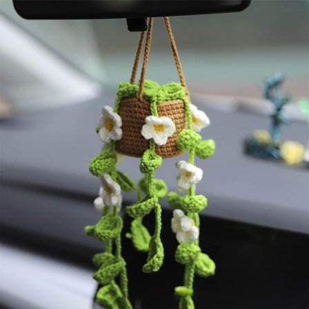 Hæklede Potteplanter Bilspejl Hængende Tilbehør, Søde Bildekorationer til Kvinder Mænd, Håndlavet Strikket Bakspejlsdekoration