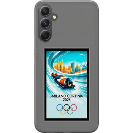 Kompatibel Mobilcover til Samsung Galaxy A25 Dynamisk bob eller skeletonrytter i iskanal med Milano Cortina 2026, byens skyline og olympiske ringe