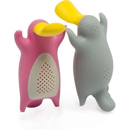 Teinfuser-presentset för lösa teblad, söt näbbdjurs-tefilterpar i vacker presentask, perfekt pargåva, set om 2, grå och rosa (FMY)