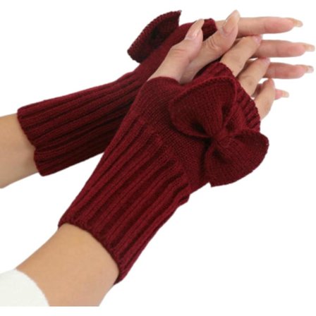 wxsp 1 Par - Korta Vantar med Rosett - Stickade Fingerlösa Vantar för Kvinnor - Vinröda Handledsvärmare - G101 - Mjukt Vintermode