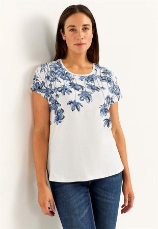 Cellbes of Sweden - Jerseytop med korte ærmer i hvid / blå / blomstret til damer i størrelse 42/44