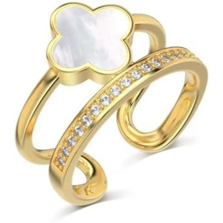 Dame Guld Firkløver Ring, Justerbar, Hvid